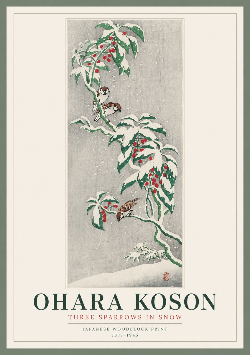 Ohara Koson Three Sparrows in Snow No2 - Poszter