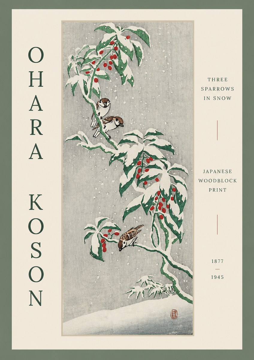 Ohara Koson Three Sparrows in Snow No3 - Poszter