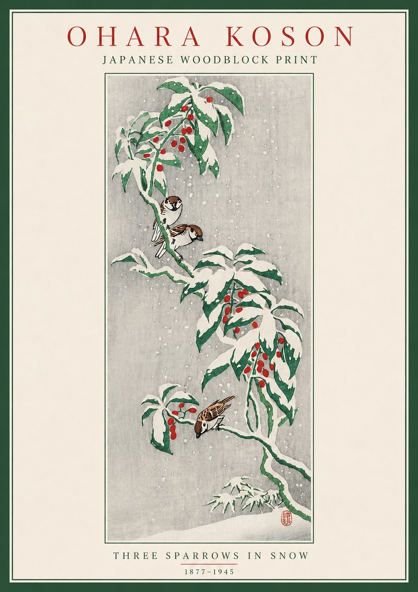 Ohara Koson Three Sparrows in Snow No5 - Poszter