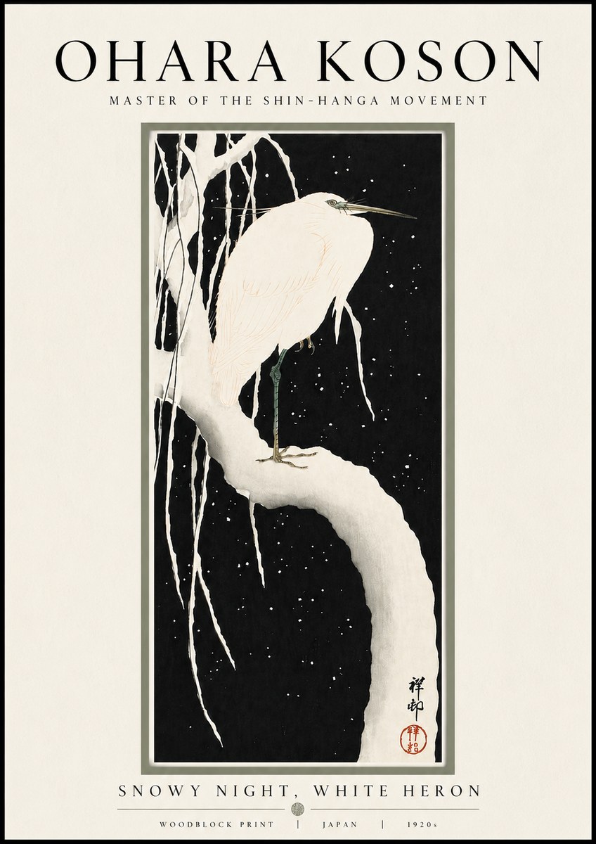 Ohara Koson Snowy Night, White Heron No4 - Poszter
