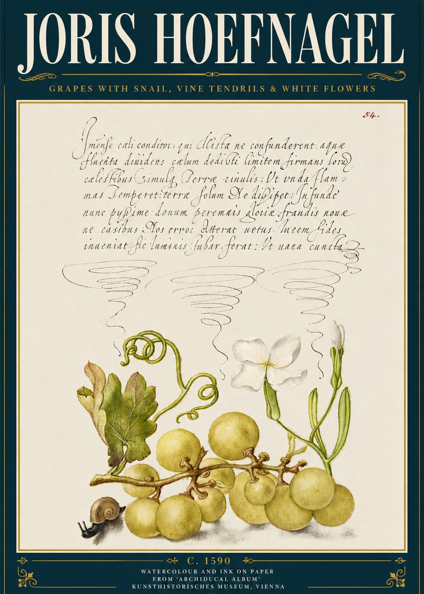 Joris Hoefnagel Grapes with Snail, Vine Tendrils & White Flowers No5 - Poszter