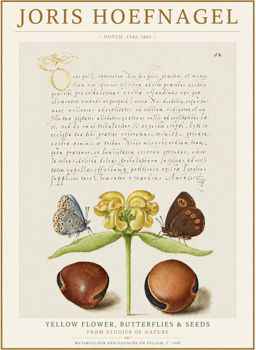 Joris Hoefnagel Yellow Flower, Butterflies & Seeds No1 - Poszter