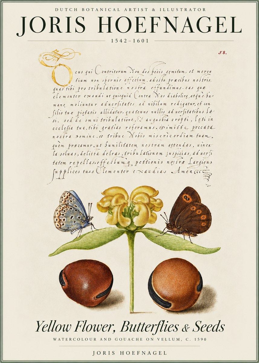 Joris Hoefnagel Yellow Flower, Butterflies & Seeds No4 - Poszter