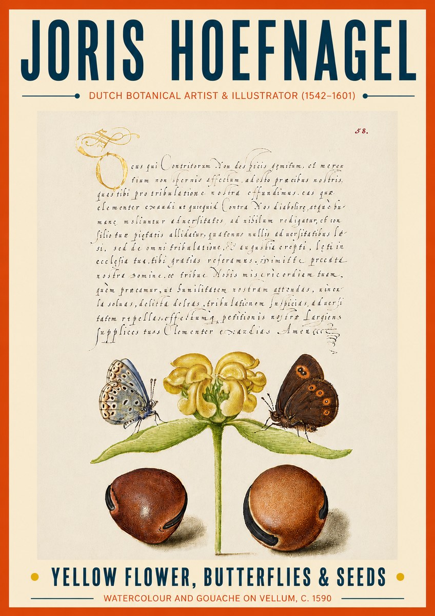 Joris Hoefnagel Yellow Flower, Butterflies & Seeds No6 - Poszter