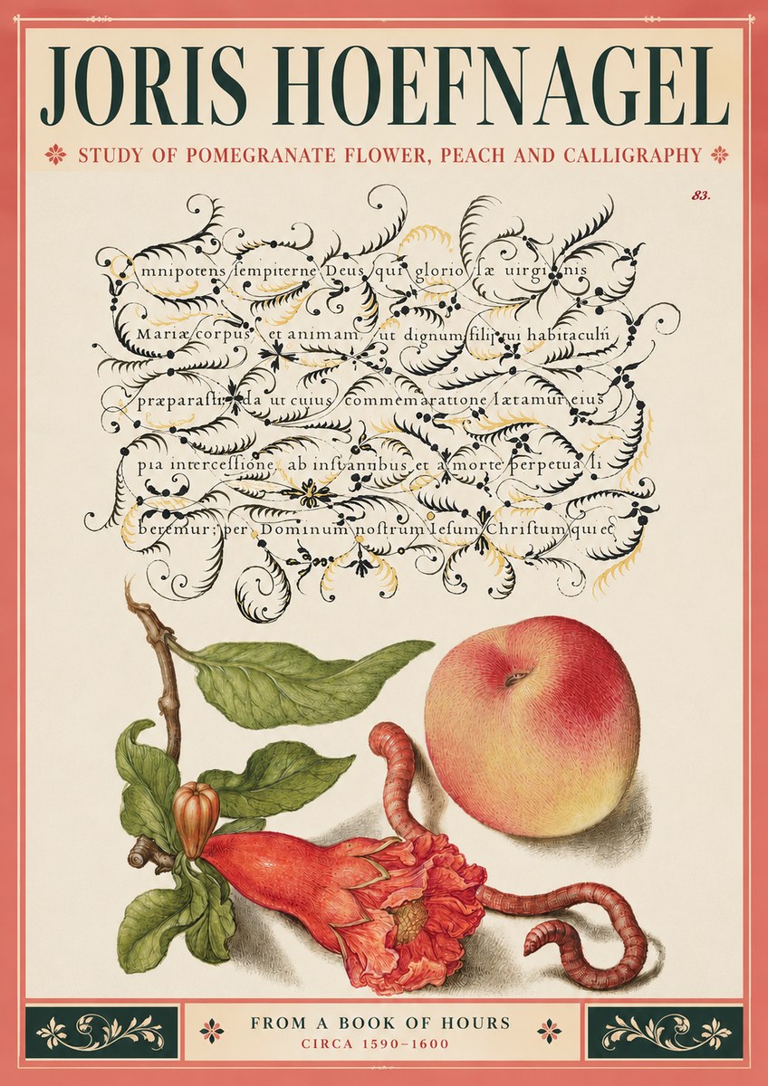Joris Hoefnagel Study of Pomegranate Flower, Peach and Calligraphy from a Book of Hours No3 - Poszter