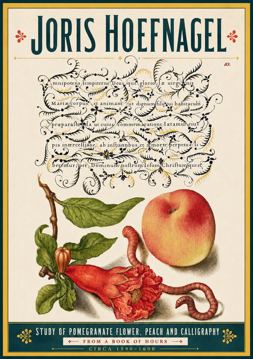 Joris Hoefnagel Study of Pomegranate Flower, Peach and Calligraphy from a Book of Hours No5 - Poszter