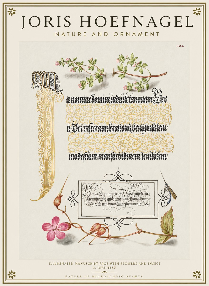 Joris Hoefnagel Illuminated Manuscript Page with Flowers and Insect No1 - Poszter