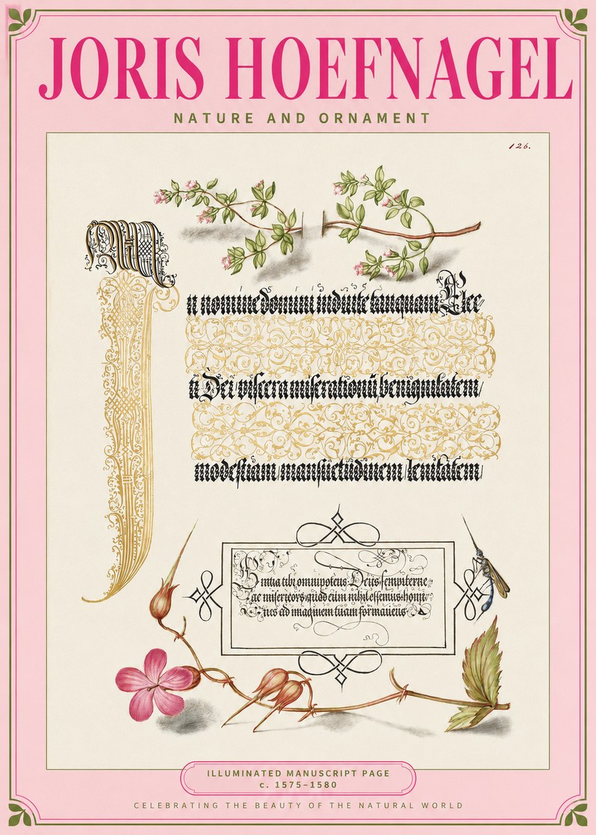 Joris Hoefnagel Illuminated Manuscript Page with Flowers and Insect No2 - Poszter