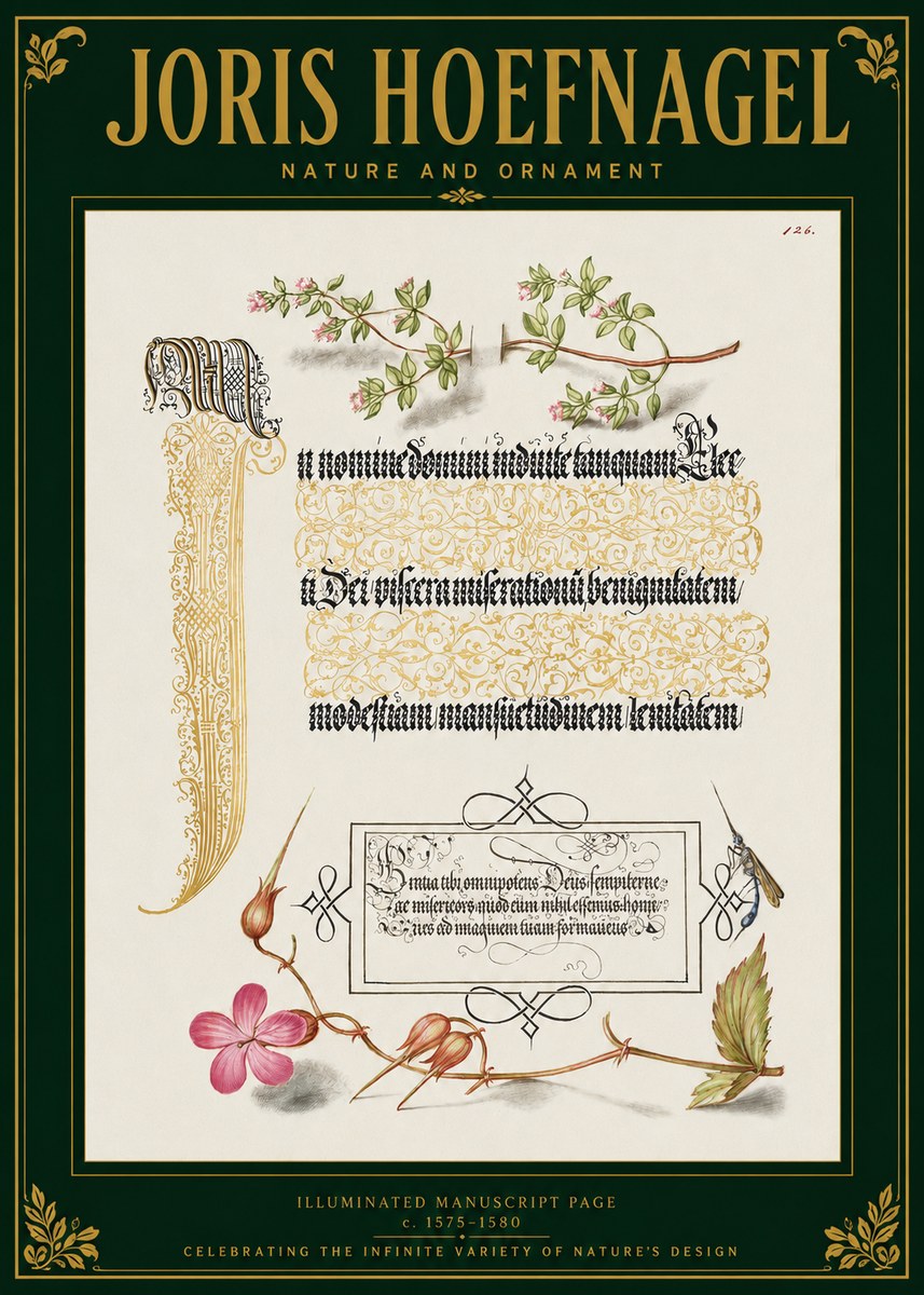 Joris Hoefnagel Illuminated Manuscript Page with Flowers and Insect No3 - Poszter