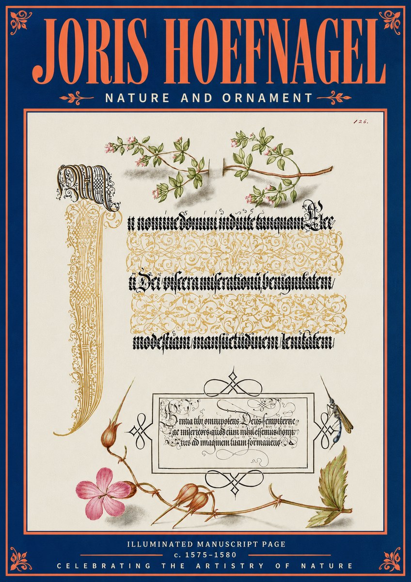 Joris Hoefnagel Illuminated Manuscript Page with Flowers and Insect No5 - Poszter