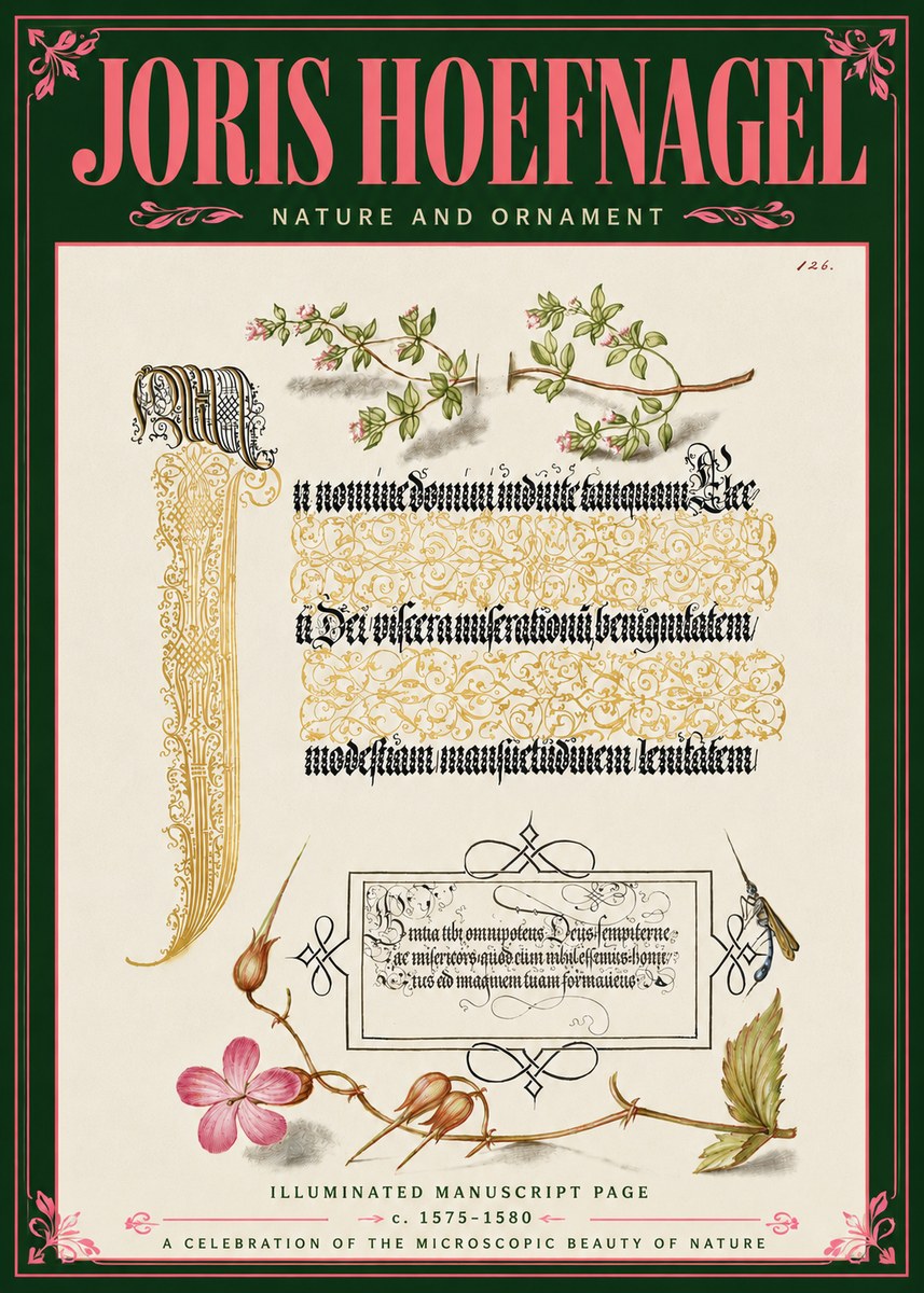 Joris Hoefnagel Illuminated Manuscript Page with Flowers and Insect No6 - Poszter