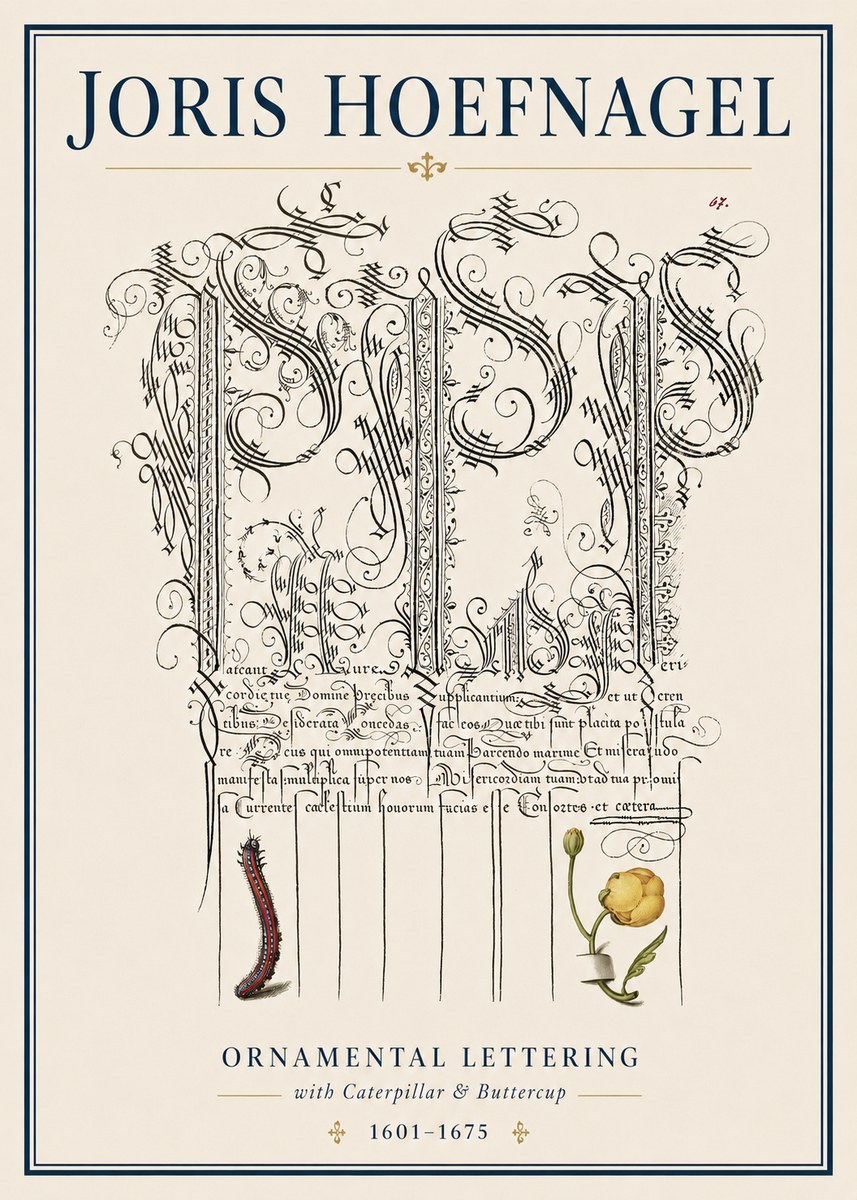 Joris Hoefnagel Ornamental Calligraphy with Caterpillar and Buttercup No4 - Poszter
