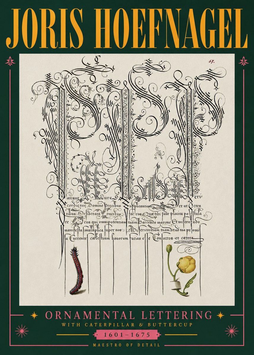 Joris Hoefnagel Ornamental Calligraphy with Caterpillar and Buttercup No5 - Poszter