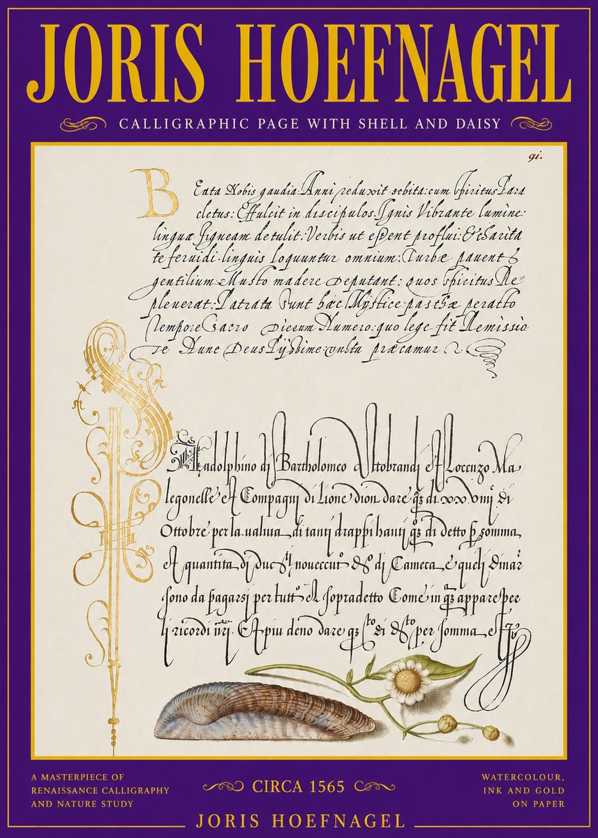 Joris Hoefnagel Calligraphic Page with Shell and Daisy No3 - Poszter