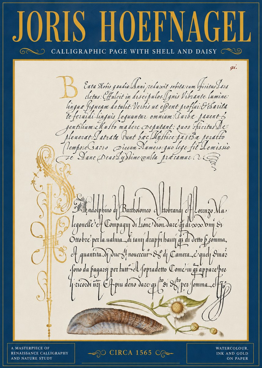 Joris Hoefnagel Calligraphic Page with Shell and Daisy No5 - Poszter