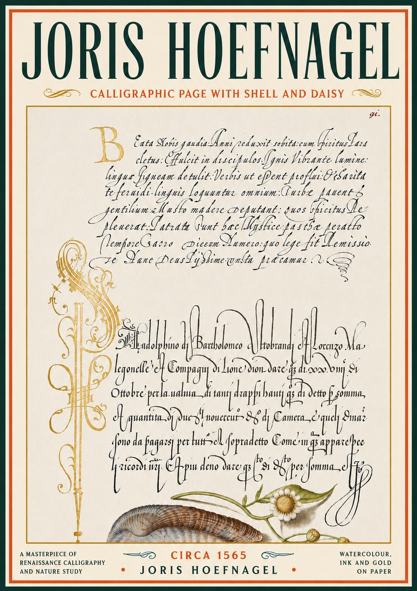 Joris Hoefnagel Calligraphic Page with Shell and Daisy No6 - Poszter