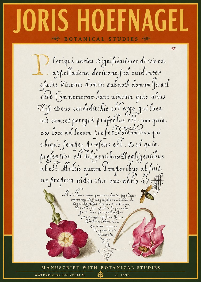 Joris Hoefnagel Manuscript with Botanical Studies No4 - Poszter