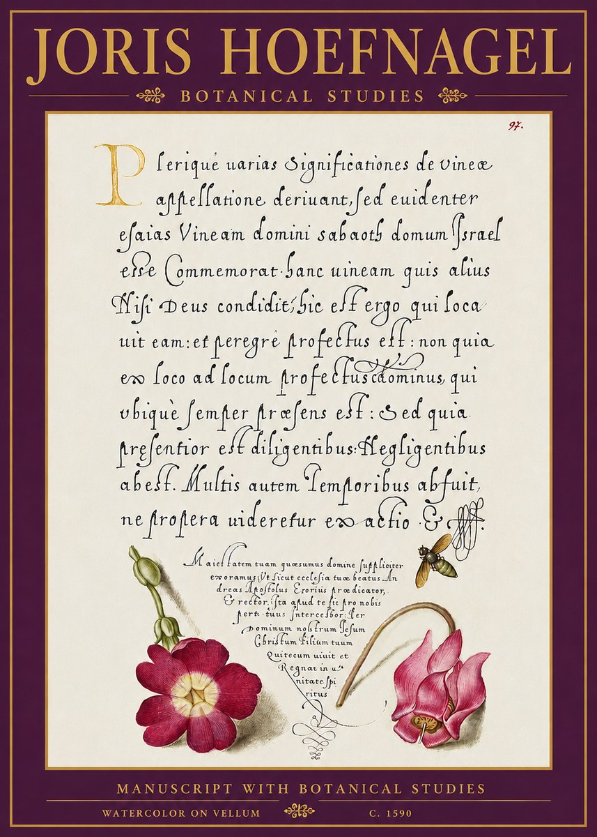 Joris Hoefnagel Manuscript with Botanical Studies No5 - Poszter
