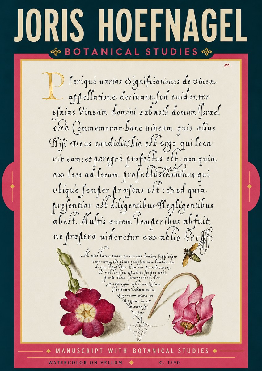 Joris Hoefnagel Manuscript with Botanical Studies No6 - Poszter