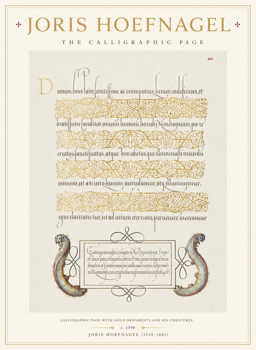 Joris Hoefnagel Calligraphic Page with Gold Ornaments and Sea Creatures No1 - Poszter