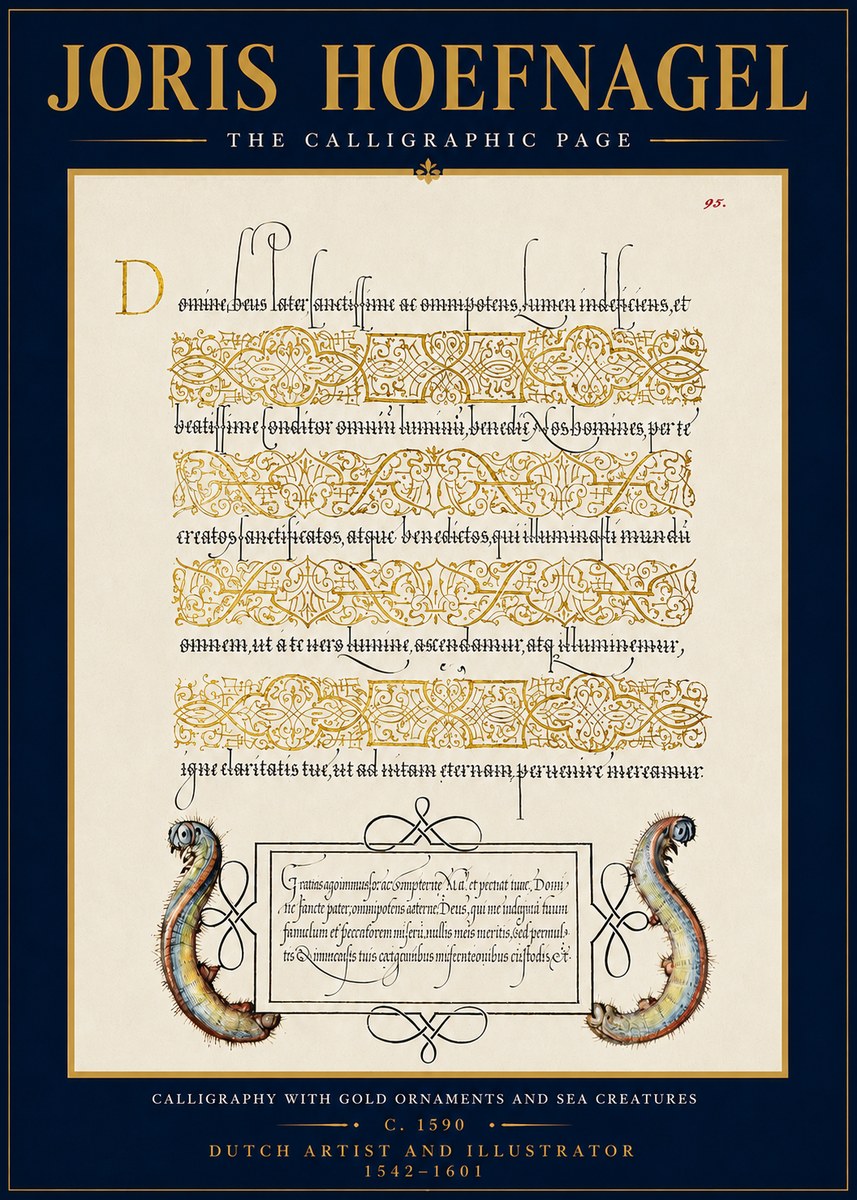 Joris Hoefnagel Calligraphic Page with Gold Ornaments and Sea Creatures No4 - Poszter