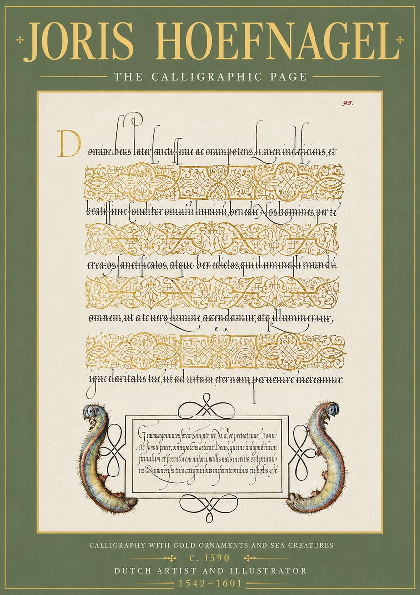 Joris Hoefnagel Calligraphic Page with Gold Ornaments and Sea Creatures No5 - Poszter