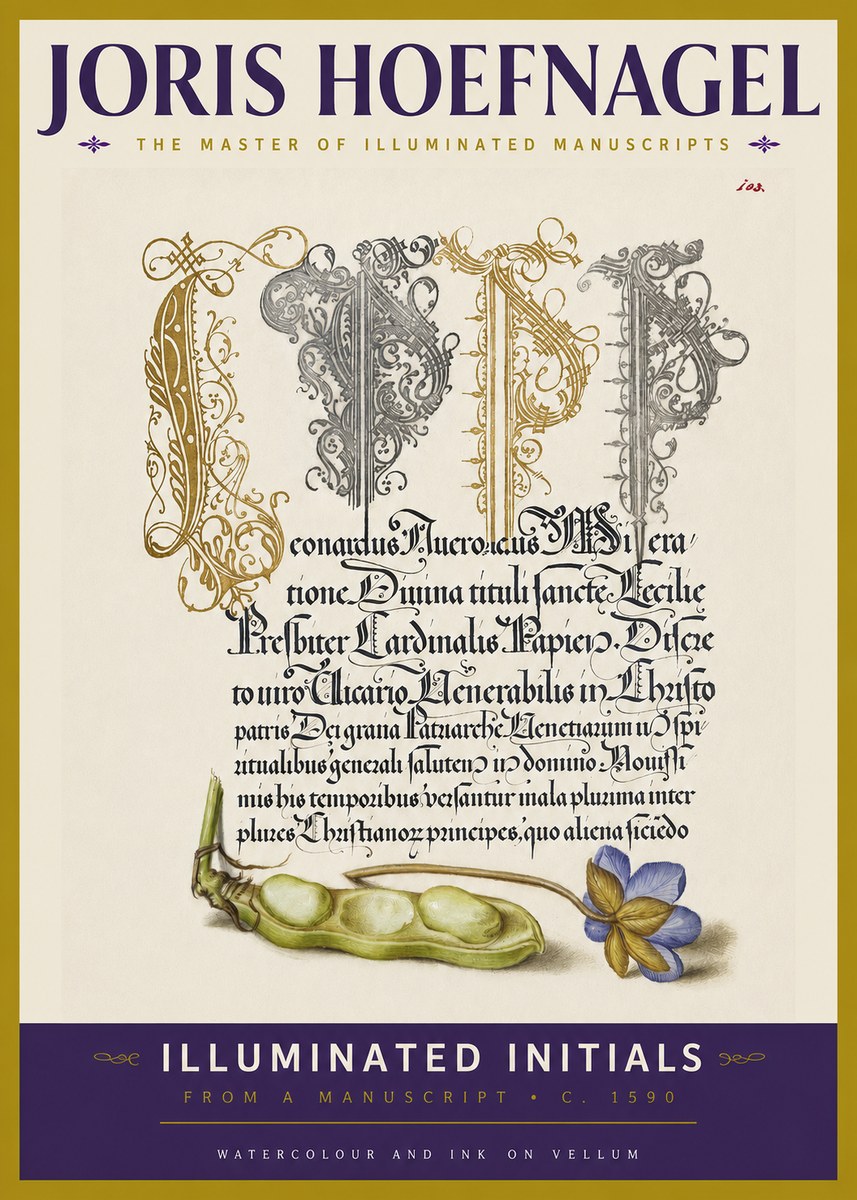 Joris Hoefnagel Illuminated Initials with Peapod and Flower No3 - Poszter