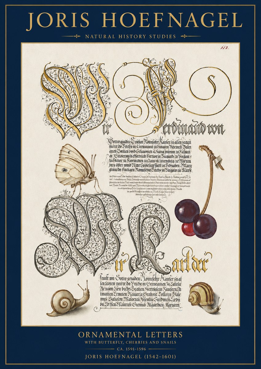 Joris Hoefnagel Ornamental Letters with Butterfly, Cherries and Snails No2 - Poszter
