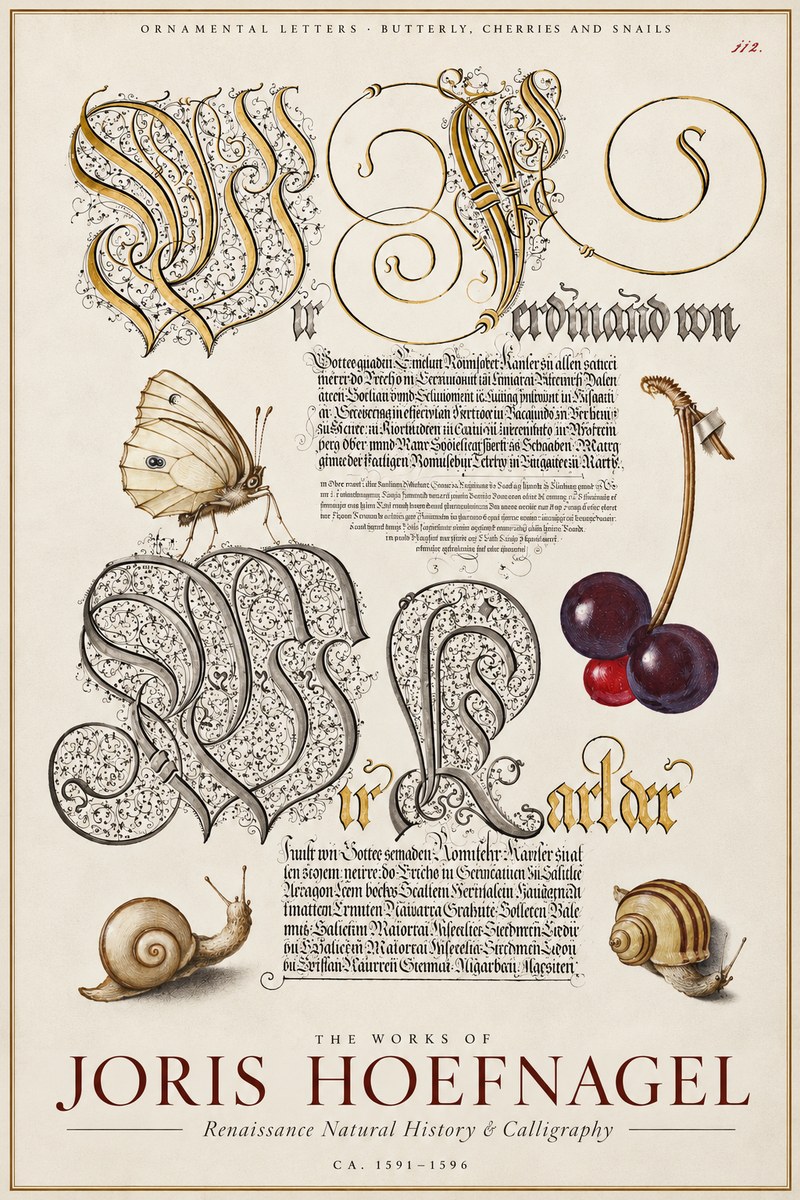 Joris Hoefnagel Ornamental Letters with Butterfly, Cherries and Snails No4 - Poszter