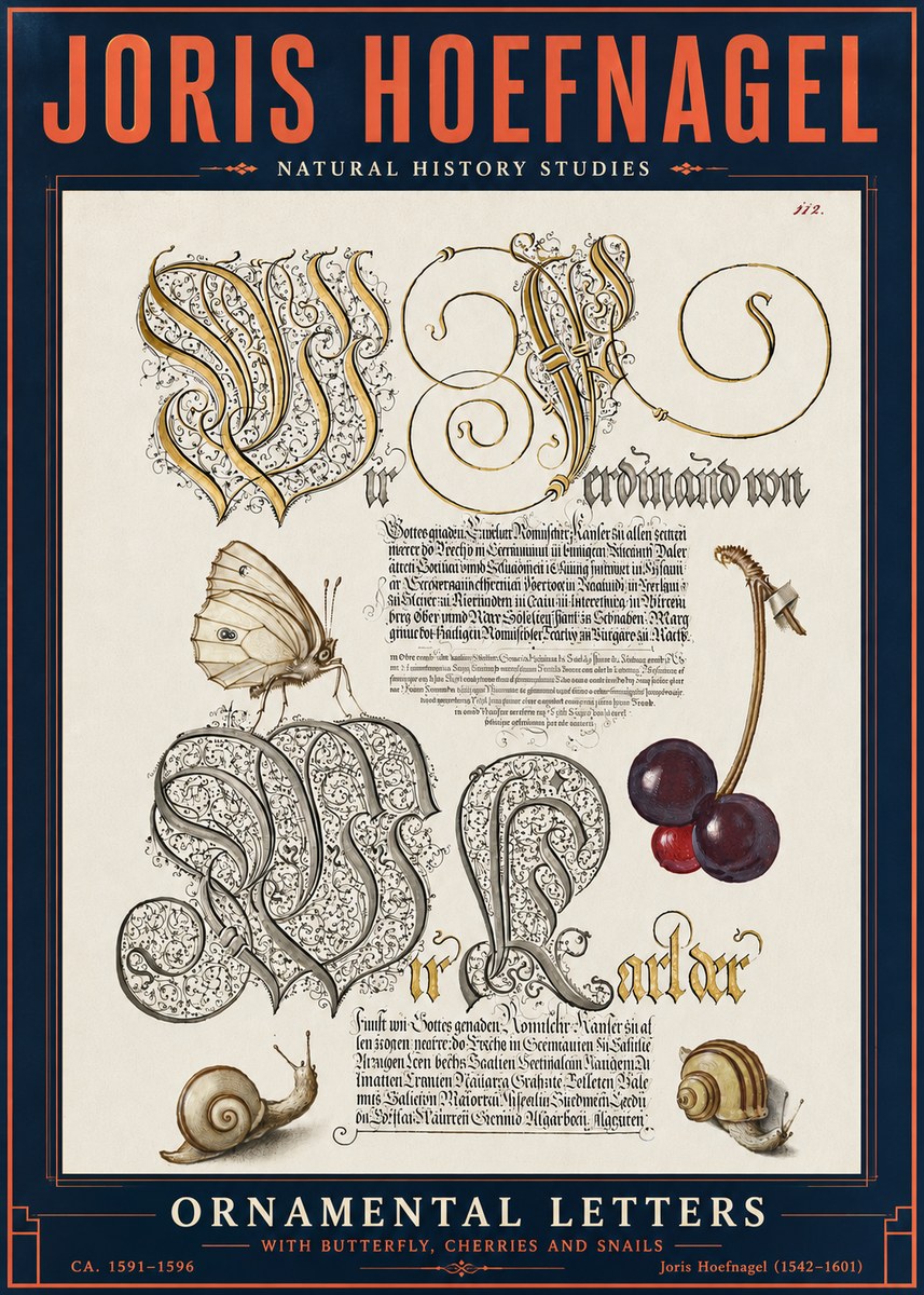 Joris Hoefnagel Ornamental Letters with Butterfly, Cherries and Snails No6 - Poszter