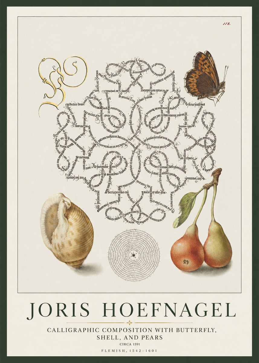 Joris Hoefnagel Calligraphic Composition with Butterfly, Shell, and Pears No1 - Poszter