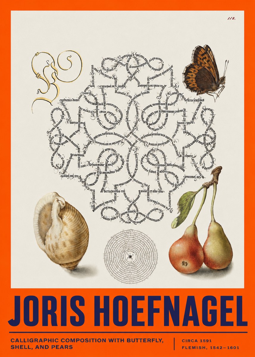 Joris Hoefnagel Calligraphic Composition with Butterfly, Shell, and Pears No2 - Poszter
