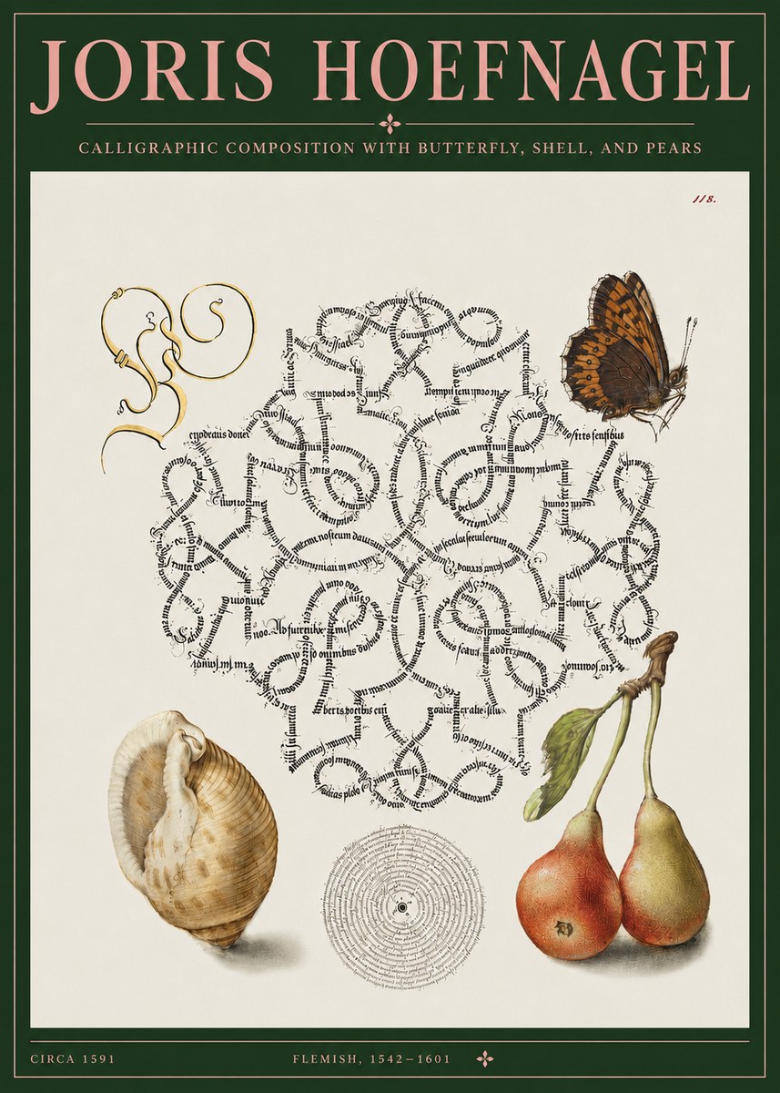 Joris Hoefnagel Calligraphic Composition with Butterfly, Shell, and Pears No3 - Poszter