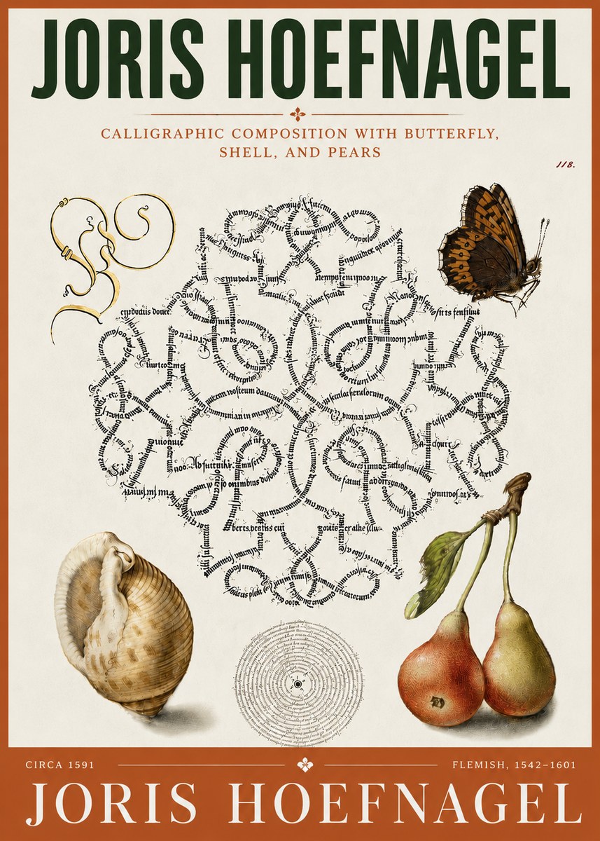 Joris Hoefnagel Calligraphic Composition with Butterfly, Shell, and Pears No5 - Poszter