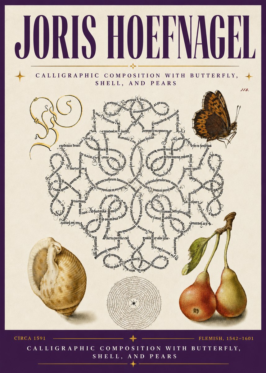 Joris Hoefnagel Calligraphic Composition with Butterfly, Shell, and Pears No6 - Poszter