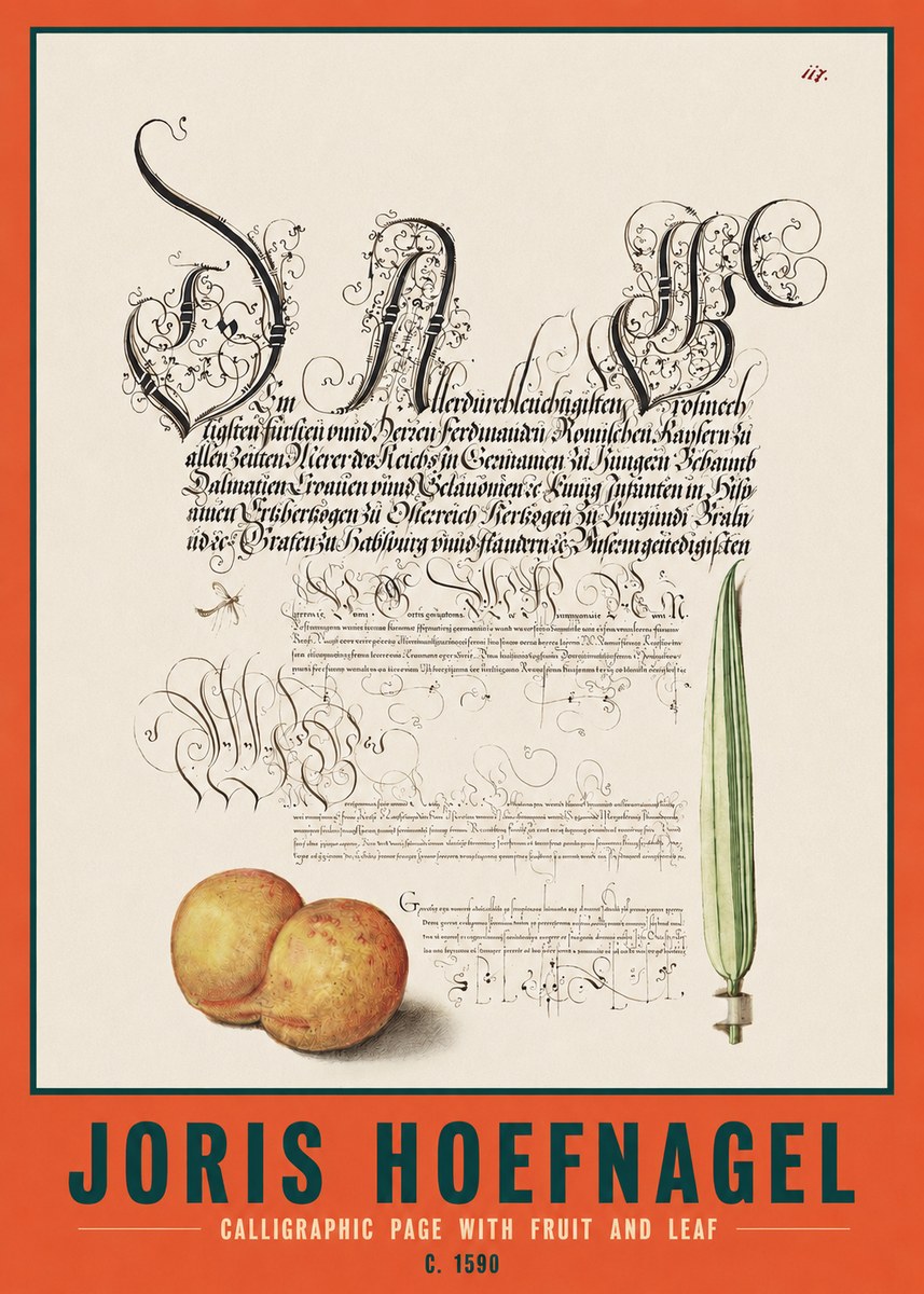 Joris Hoefnagel Calligraphic Page with Fruit and Leaf No2 - Poszter