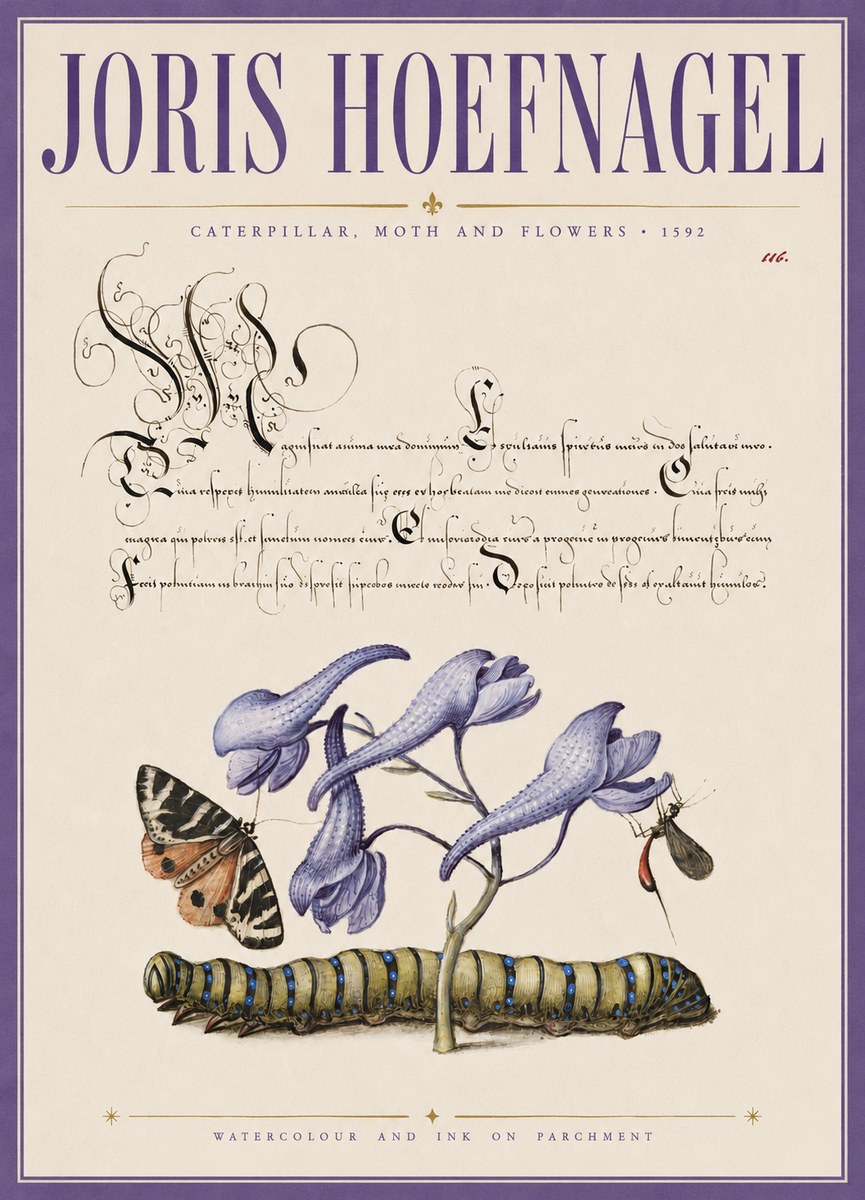Joris Hoefnagel Caterpillar, Moth and Flowers No3 - Poszter