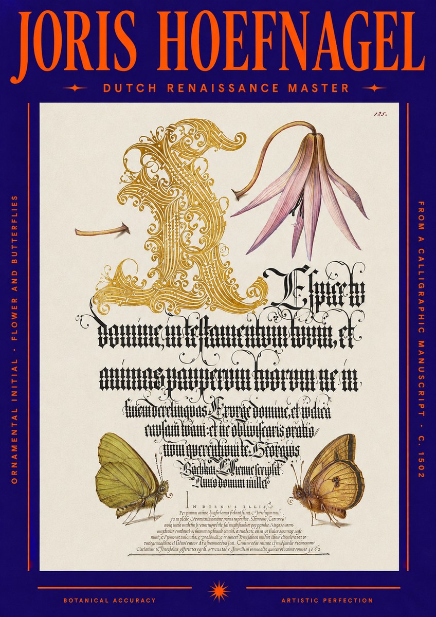 Joris Hoefnagel Ornamental Capital with Flower and Butterflies No6 - Poszter