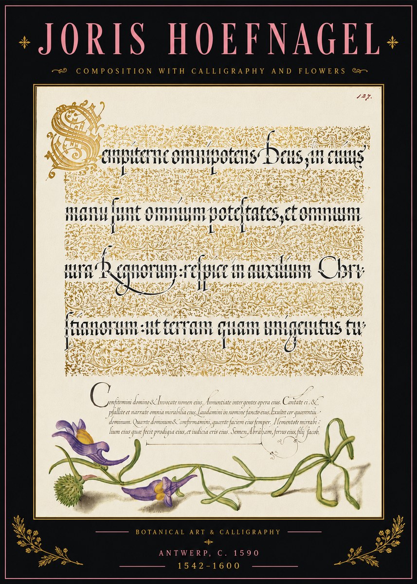 Joris Hoefnagel Composition with Calligraphy and Flowers No5 - Poszter