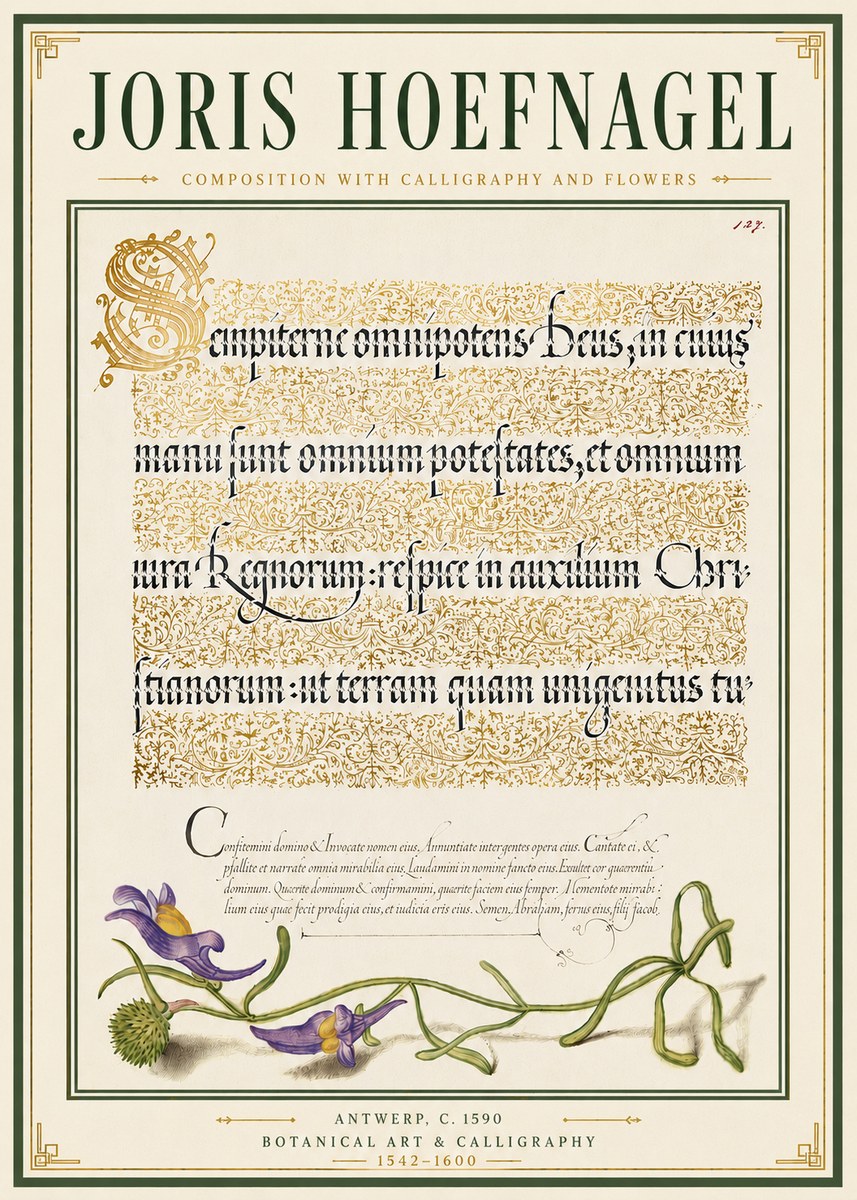 Joris Hoefnagel Composition with Calligraphy and Flowers No6 - Poszter