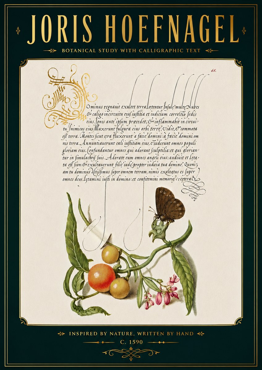 Joris Hoefnagel Botanical Study with Calligraphic Text No5 - Poszter