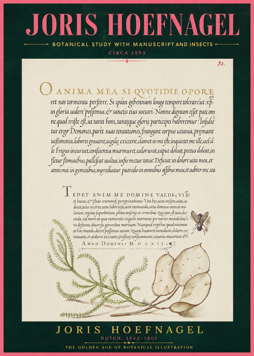Joris Hoefnagel Botanical Study with Manuscript and Insects No4 - Poszter