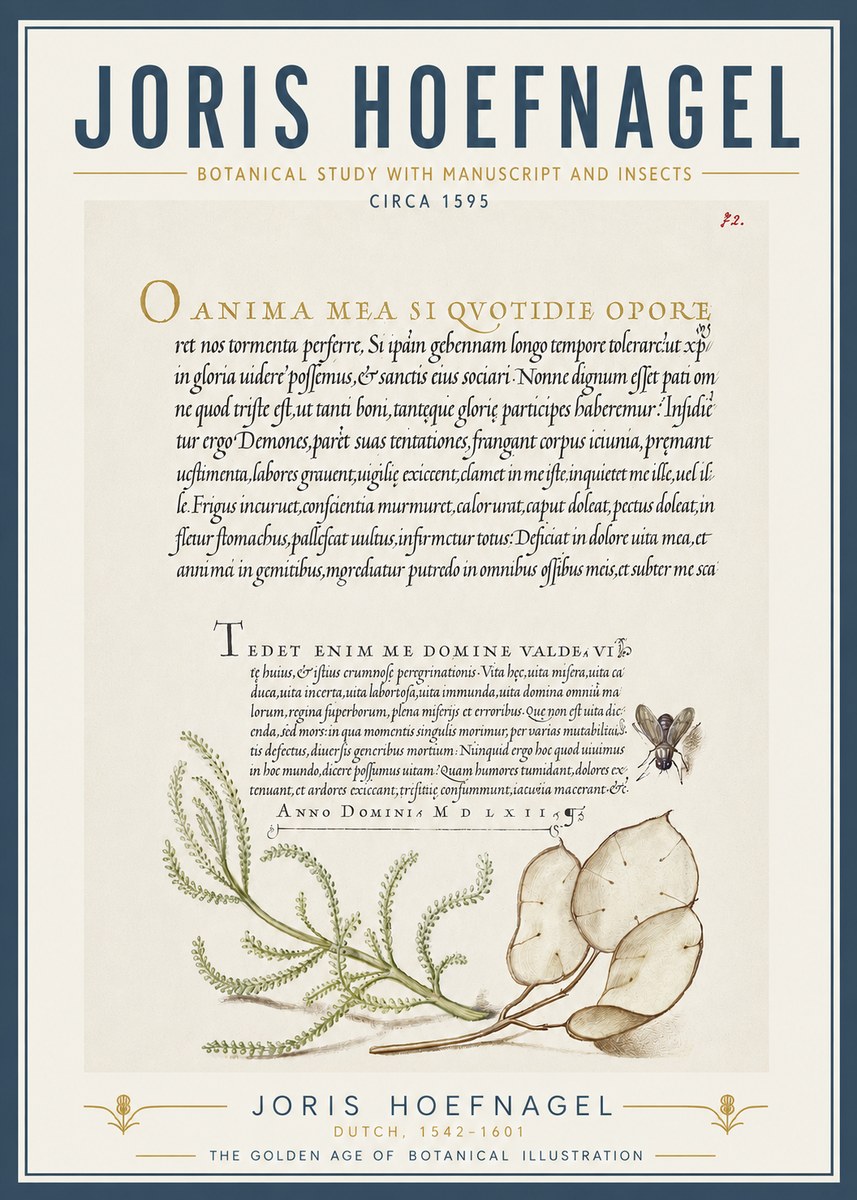 Joris Hoefnagel Botanical Study with Manuscript and Insects No5 - Poszter