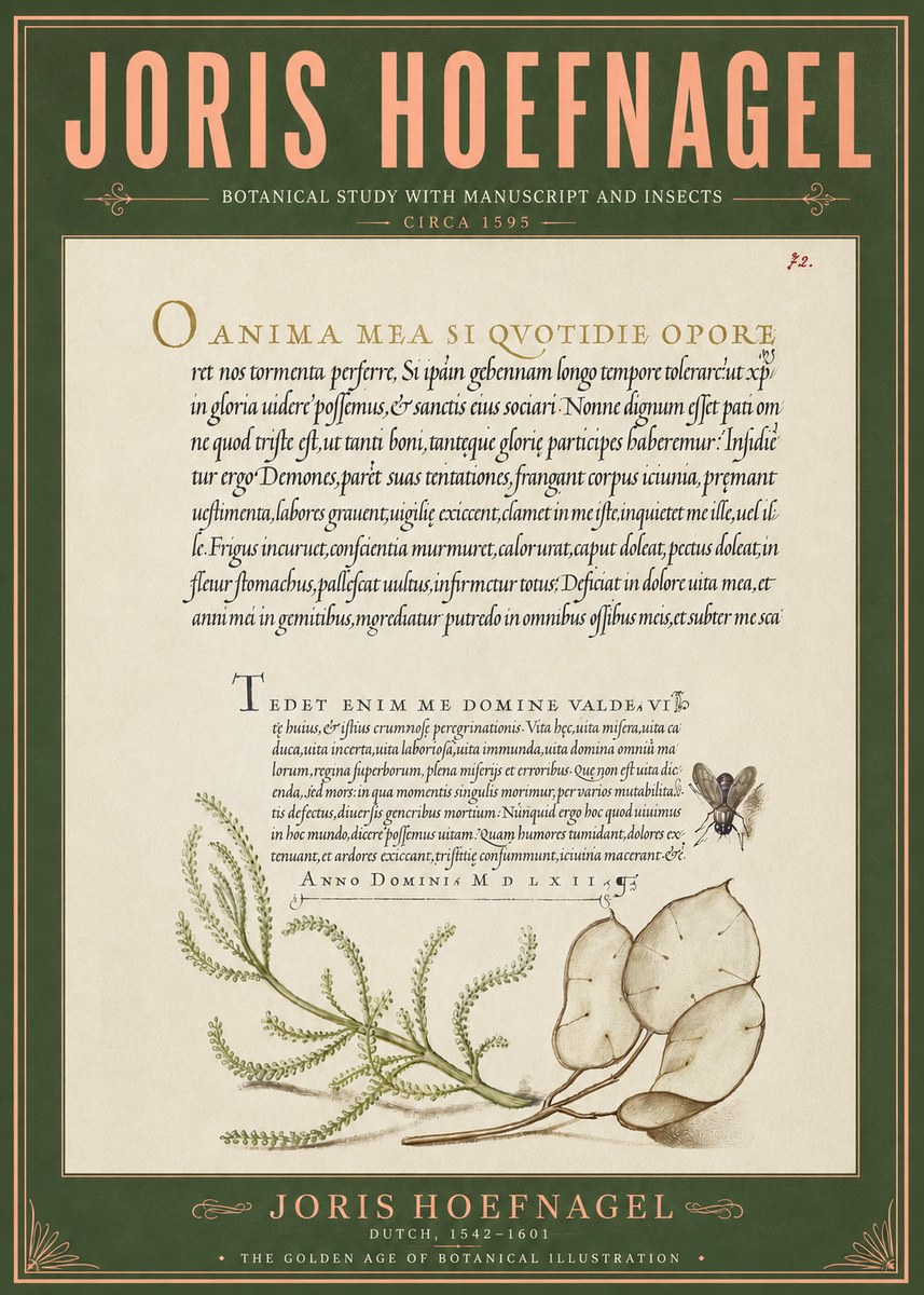 Joris Hoefnagel Botanical Study with Manuscript and Insects No6 - Poszter