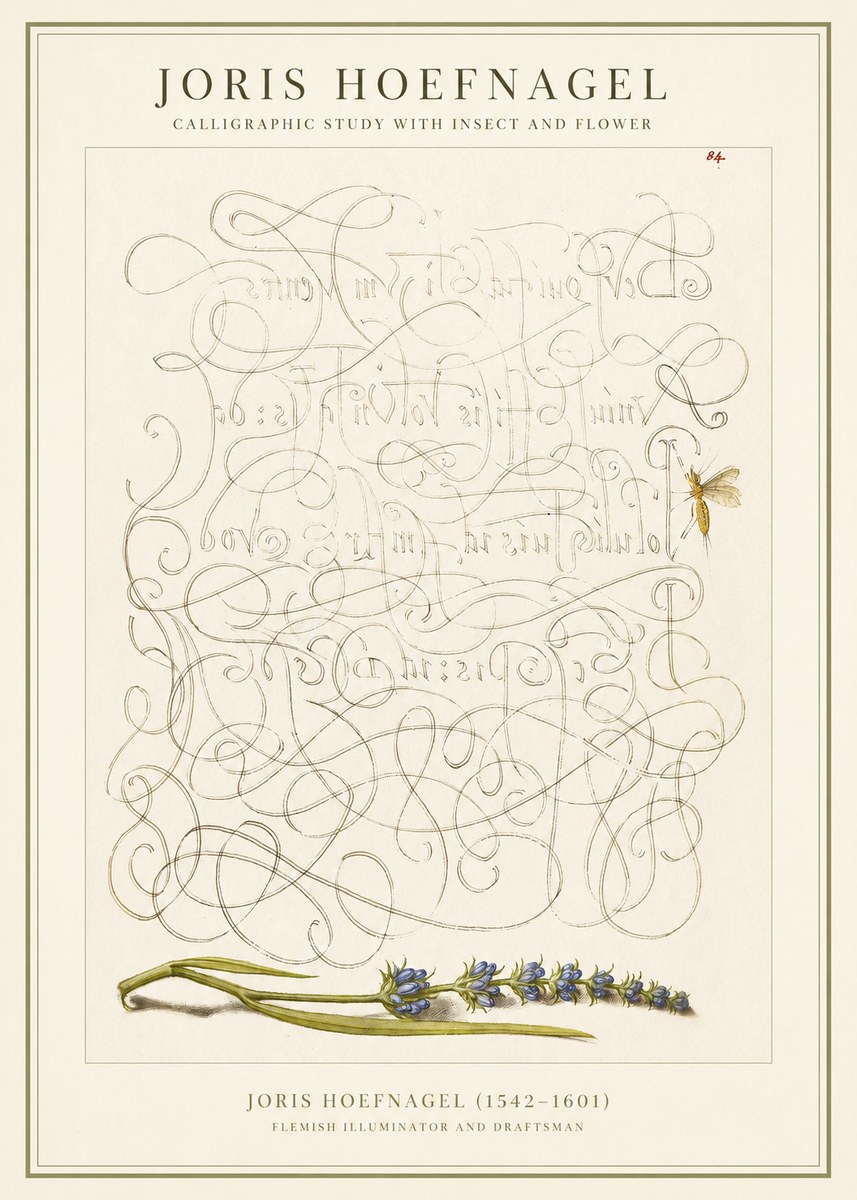 Joris Hoefnagel Calligraphic Study with Insect and Flower No1 - Poszter