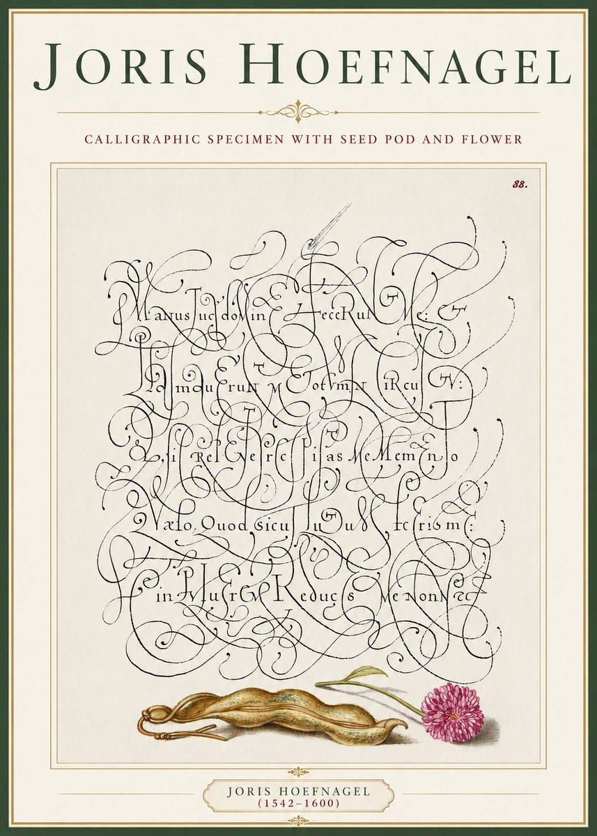 Joris Hoefnagel Calligraphic Specimen with Seed Pod and Flower No3 - Poszter