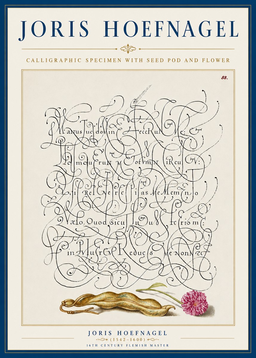 Joris Hoefnagel Calligraphic Specimen with Seed Pod and Flower No5 - Poszter
