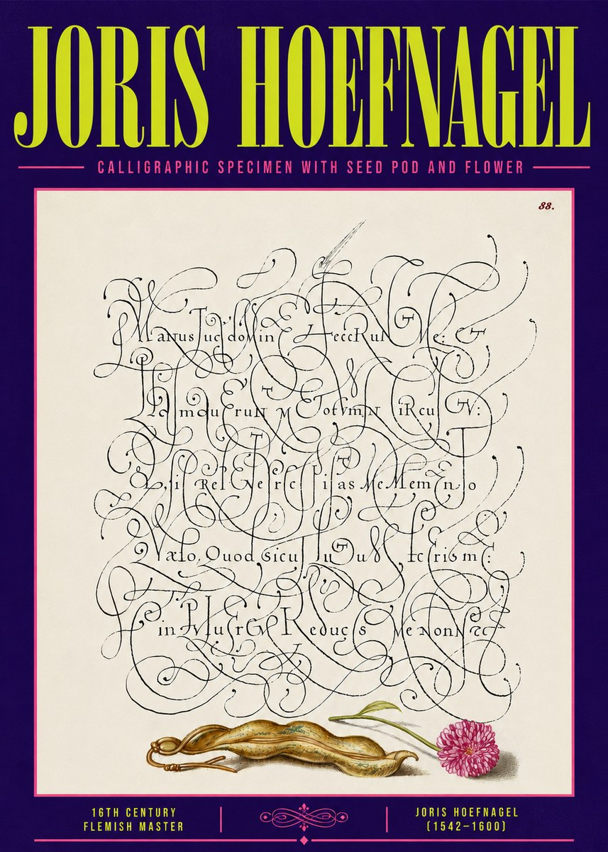 Joris Hoefnagel Calligraphic Specimen with Seed Pod and Flower No6 - Poszter