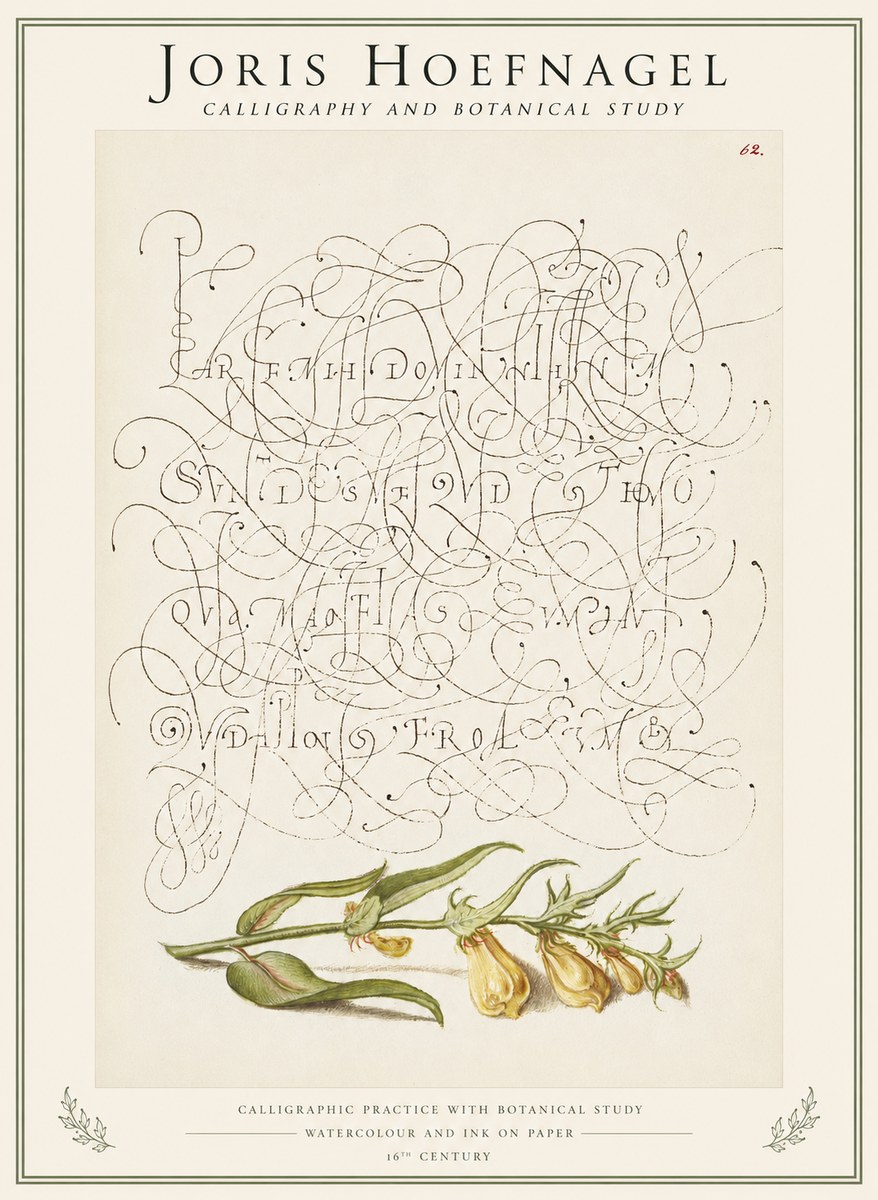 Joris Hoefnagel Calligraphic Practice with Botanical Study No1 - Poszter
