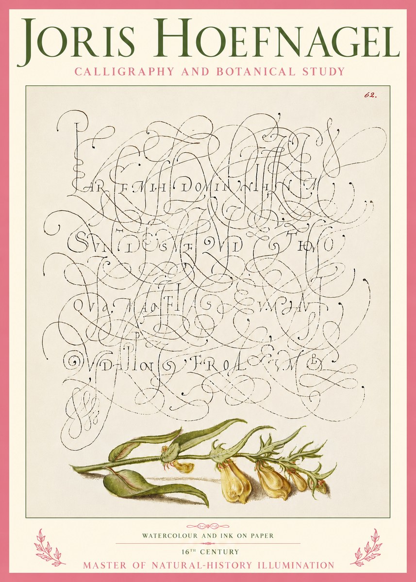 Joris Hoefnagel Calligraphic Practice with Botanical Study No5 - Poszter